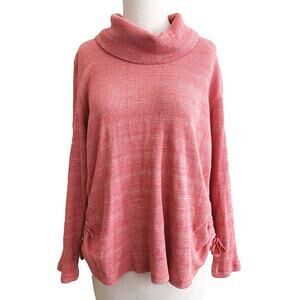 J Jill Cowl Neck Sweater Ruched Side Pink Cotton Blend Knit Pullover Petite L